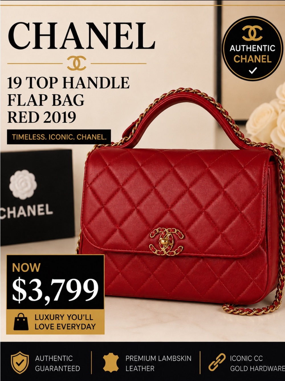 CHANEL 19 TOP HANDLE FLAP BAG RED 2019 AUTHENTIC - Picture 3 of 12